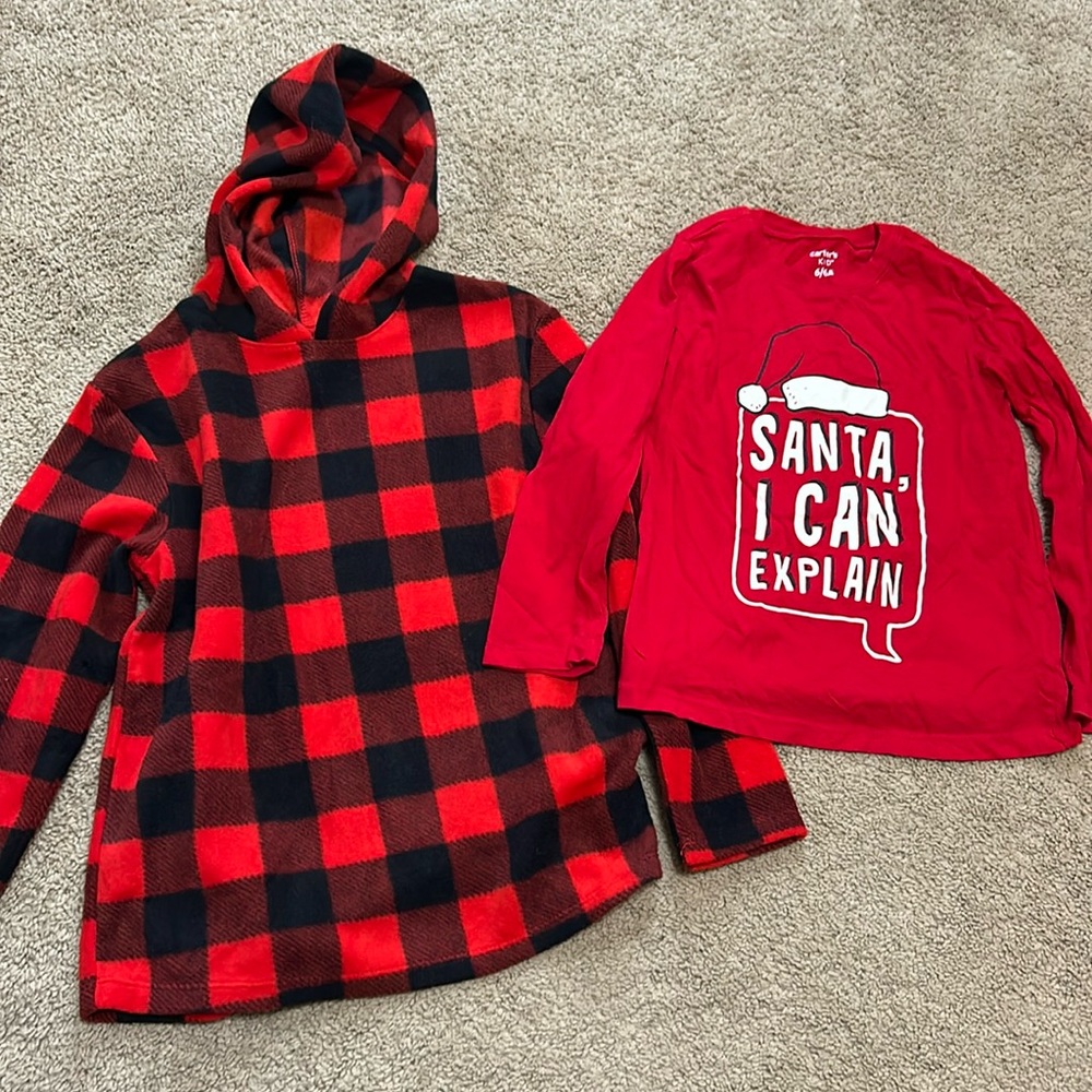 Kids flannel fleece hoodie and Santa shirt size 6